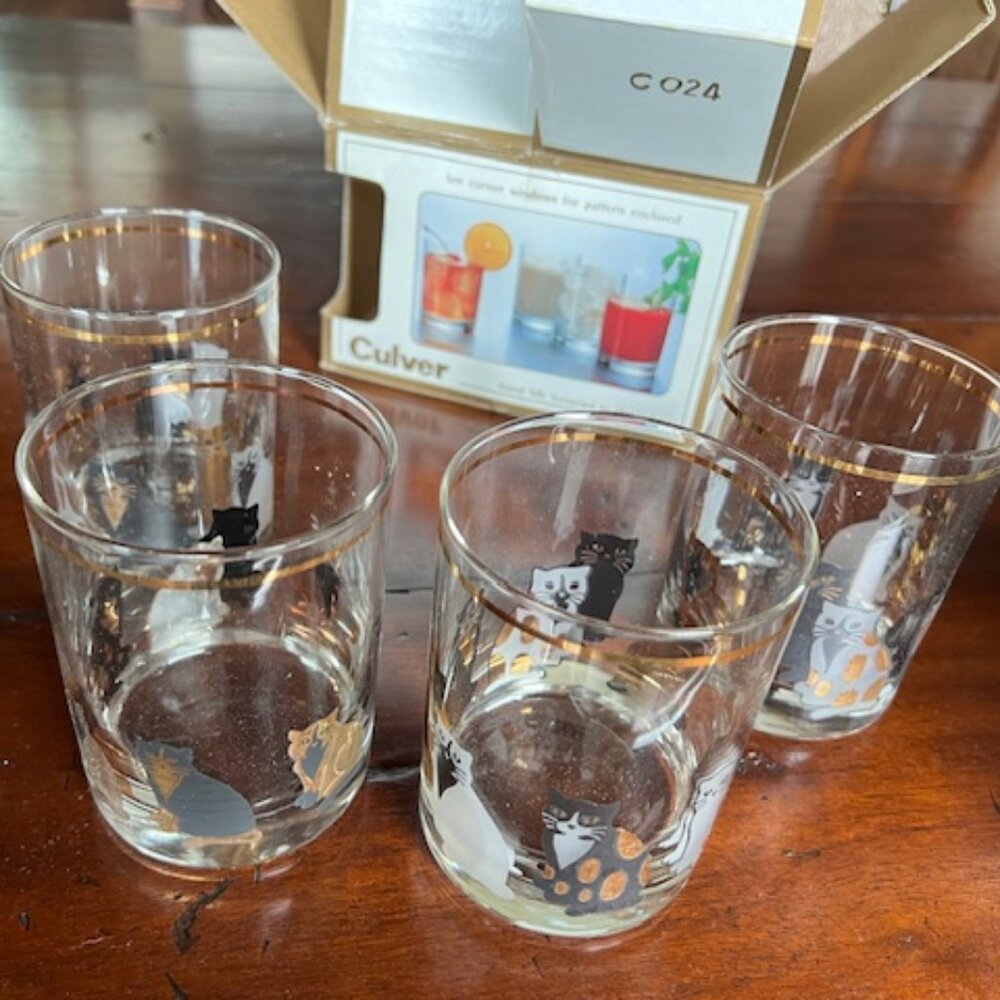 Culver Cats Glasses Low Ball Drinking Gold Black Vintage NIP